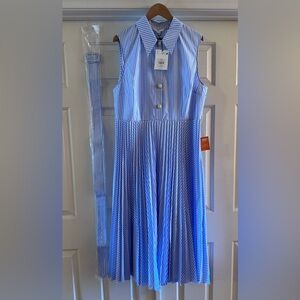 LK Bennett Pleated Blue White Stripe Hally Dress - Size 14 - NEW